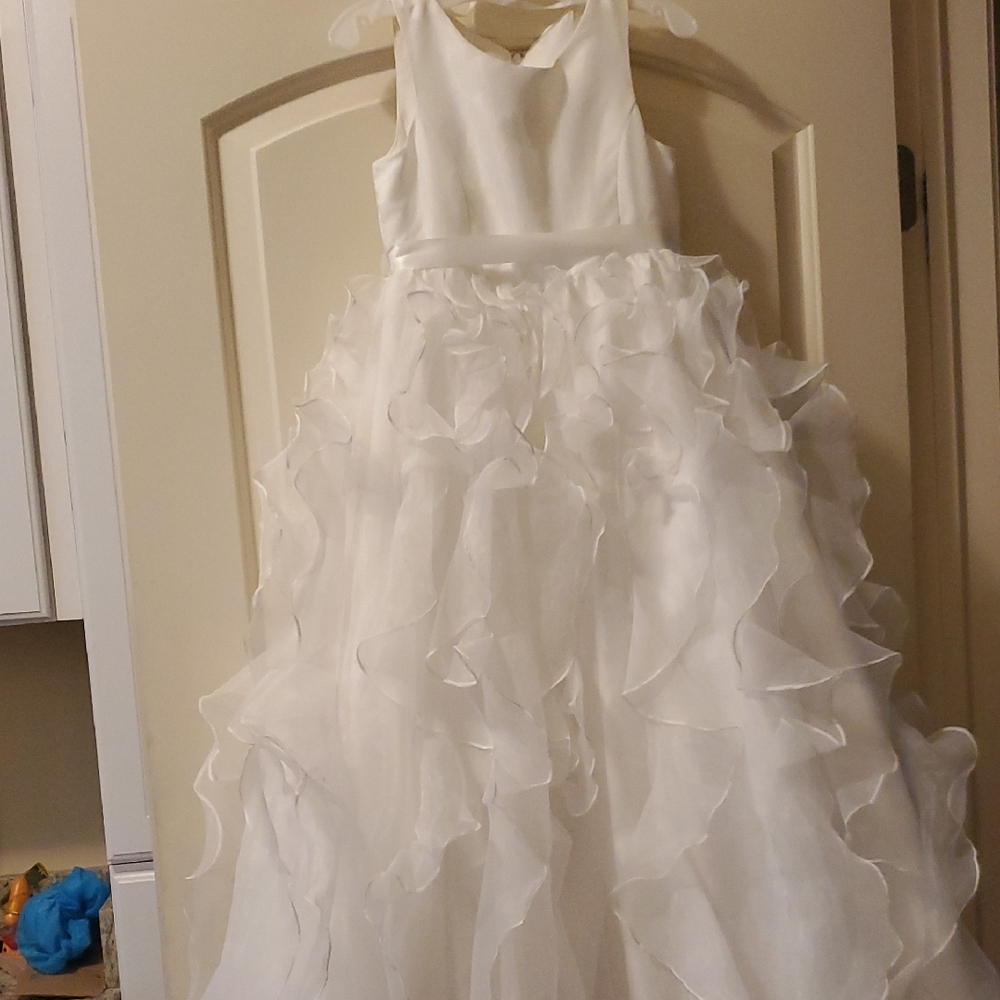 David's Bridal White Ruffled Tulle Flower Girl Dress